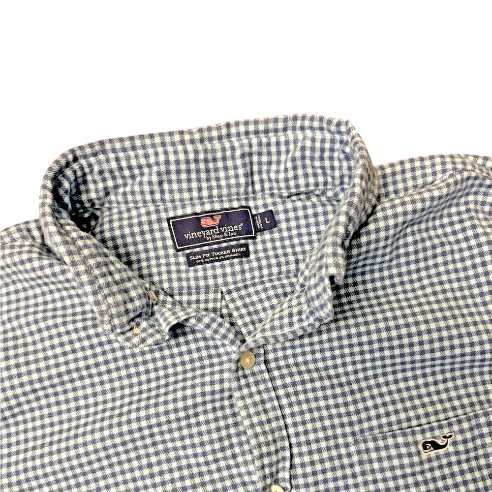 Vineyard Vines Slim Fit Tucker Shirt Men's Large Blue Gingham Check Long Sleeve